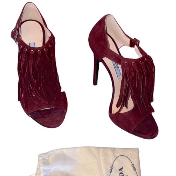 Prada Stiletto Open Toe Heels Fringe Suede Ankle Strap Maroon Size US 5 EU 35 - Picture 1 of 12
